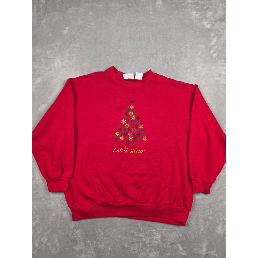 Vintage Basic Editions Holiday Sweatshirt Women L Red Let It Snow Christmas Tree